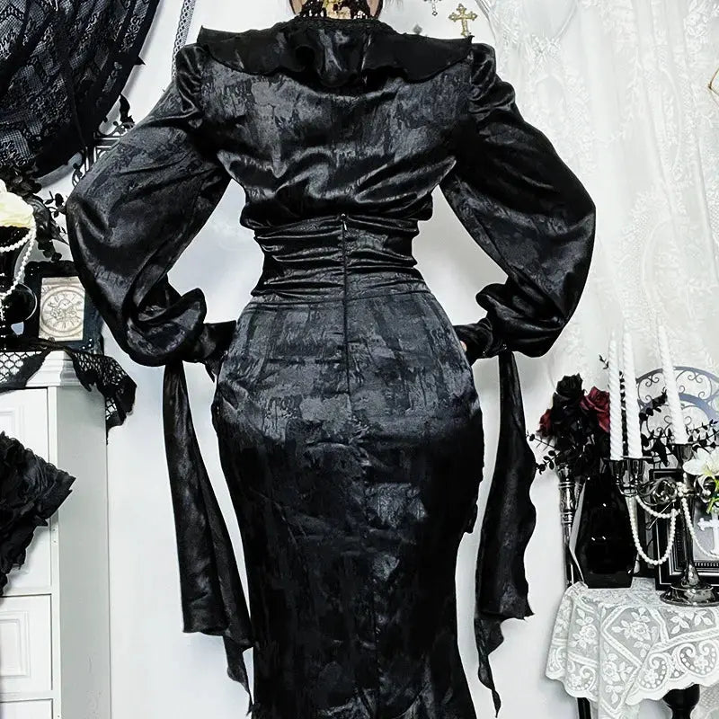 AltGoth Vintage Gothic Black Shirts Women Palace Style Streetwear Y2k E-girl Harajuku V-neck Ruffle Long Sleeve Bluose Cosplay Coven Couture Collective