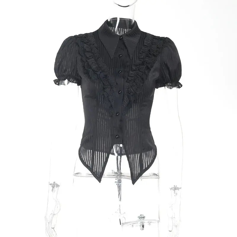 Goth Dark Kawaii Black Short Sleeve Buttons Shirt Lace-up Blouses Mall Gothic Slim Lapel Collar Stripe Shirts Women Alt Techwear Coven Couture Collective