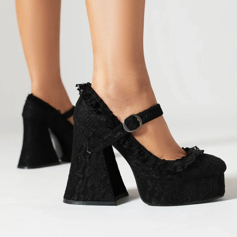 Waterproof Platform High Heels with Thick Sole Mary Jane Flats Elegant Lace Edged Single Shoes for Adults Pointed Toe Patchwork Design Coven Couture Collective