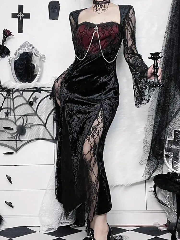 Goth Dark Elegant Mall Gothic Women Evening Dresses Grunge Aesthetic E-girl Velvet Midi Dress Lace Splice Sexy Split Alt Outfits Coven Couture Collective
