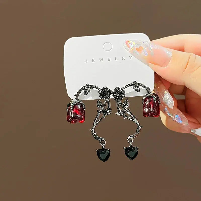 Gothic Red Rose Blossom Earrings Women Punk Halloween Jewellery Creativity Fashion Gorgeous Statement Jewelry Girl Gifts Coven Couture Collective