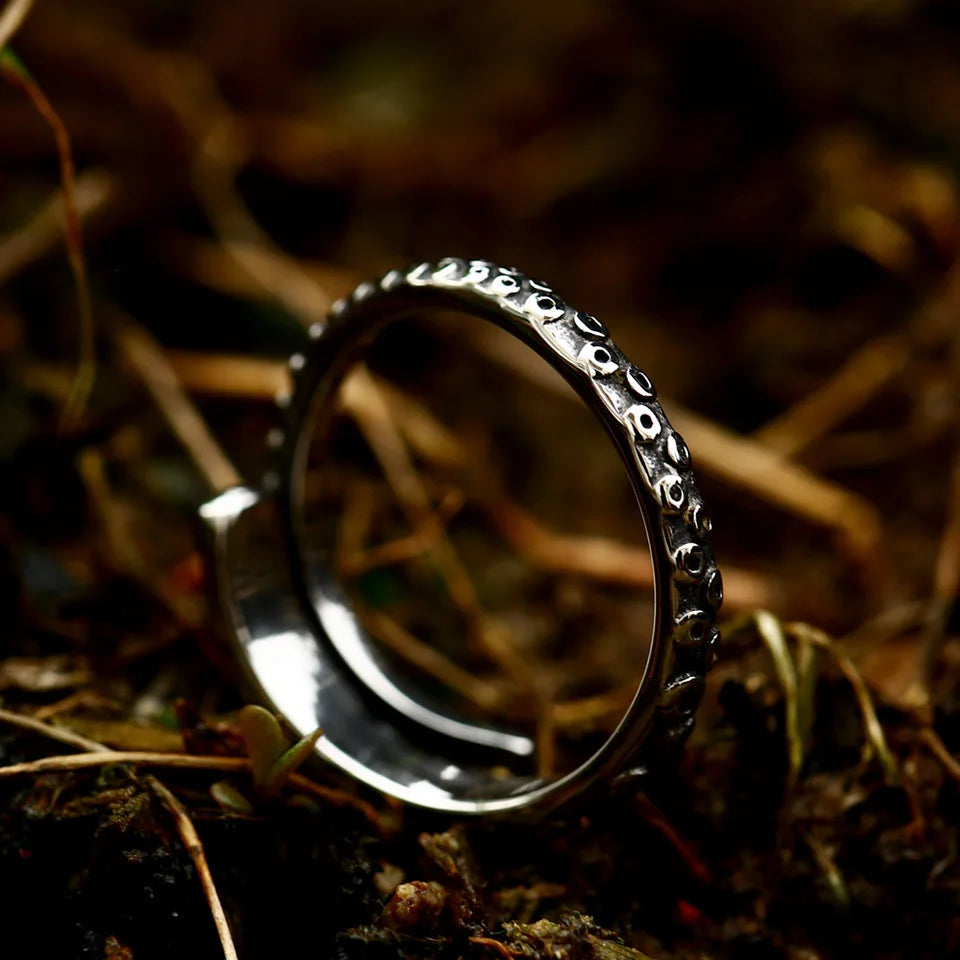 Antique Style Stainless Steel Men's Ring with Skull Octopus Design Gemstone Inlay Retro Punk Gothic Biker Fashion Jewelry Coven Couture Collective