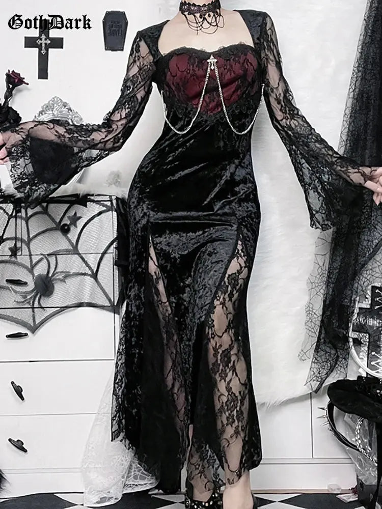 Goth Dark Elegant Mall Gothic Women Evening Dresses Grunge Aesthetic E-girl Velvet Midi Dress Lace Splice Sexy Split Alt Outfits Coven Couture Collective