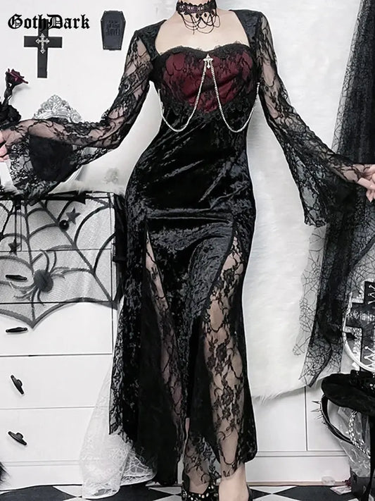 Goth Dark Elegant Mall Gothic Women Evening Dresses Grunge Aesthetic E-girl Velvet Midi Dress Lace Splice Sexy Split Alt Outfits Coven Couture Collective