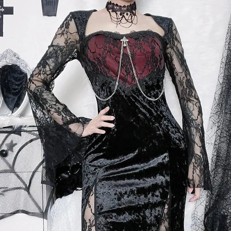 Goth Dark Elegant Mall Gothic Women Evening Dresses Grunge Aesthetic E-girl Velvet Midi Dress Lace Splice Sexy Split Alt Outfits Coven Couture Collective