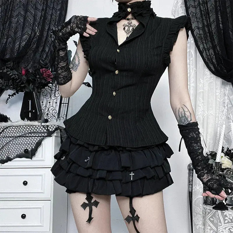 Goth Dark 90s Grunge Single Breasted Slim Wasit Shirt Blouses Women Alt Teachwear Mall Gothic Stringy Selvedge Sleeveless Shirts Coven Couture Collective