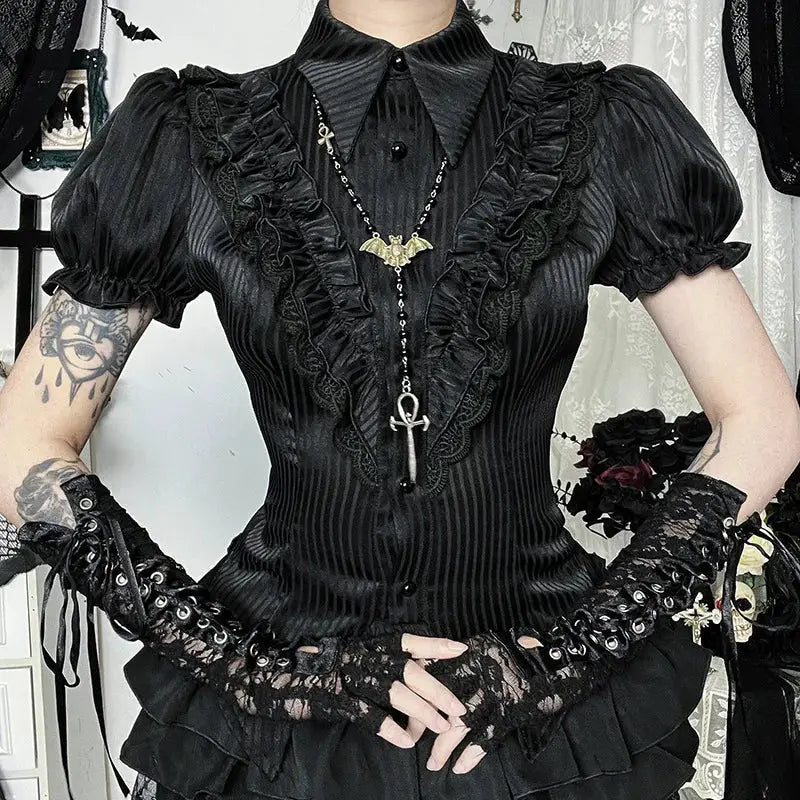 Goth Dark Kawaii Black Short Sleeve Buttons Shirt Lace-up Blouses Mall Gothic Slim Lapel Collar Stripe Shirts Women Alt Techwear Coven Couture Collective