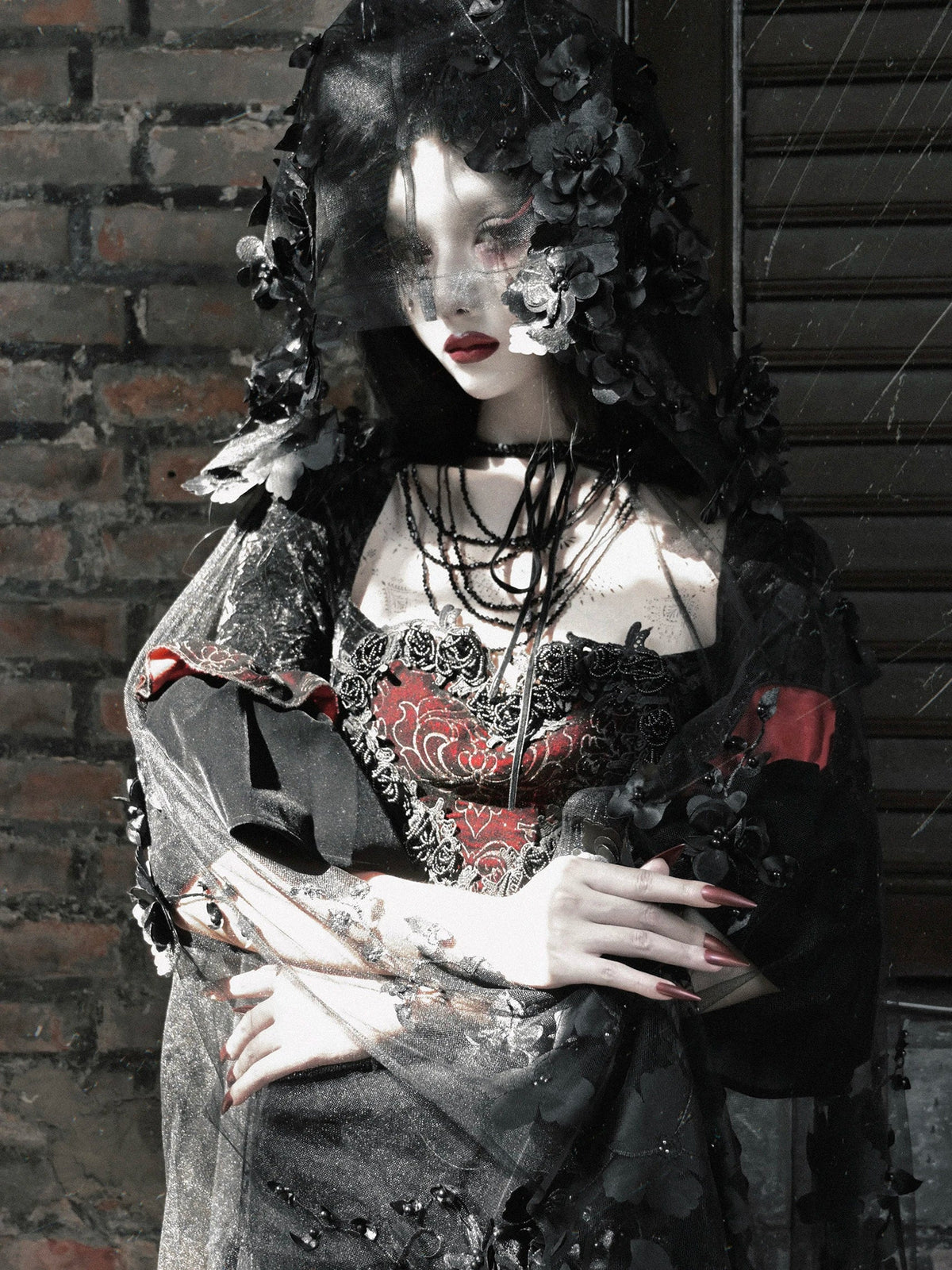 Blood Supply Original Design Gothic Florals Beading Embroidery Hooded Long Ponchos Transparent Meash Halloween Cape Winter Coven Couture Collective