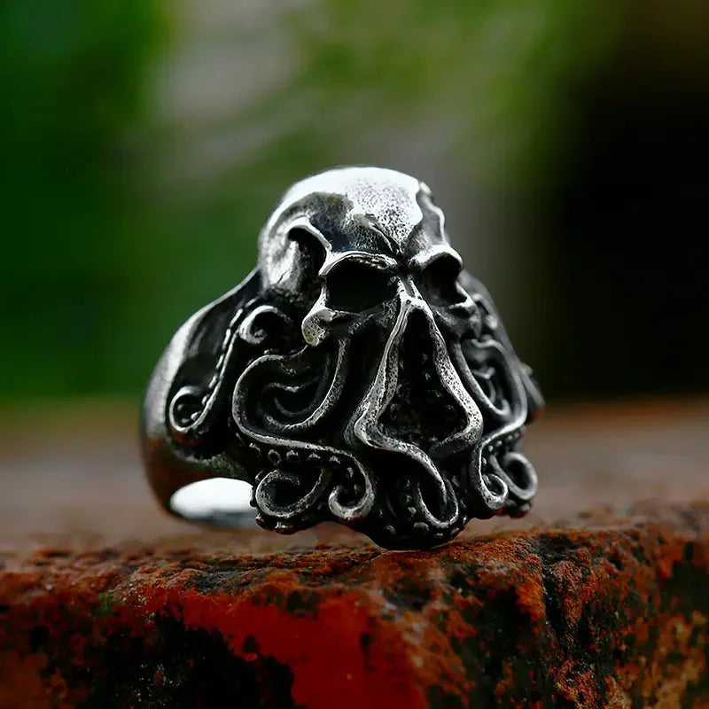 Antique Style Stainless Steel Men's Ring with Skull Octopus Design Gemstone Inlay Retro Punk Gothic Biker Fashion Jewelry Coven Couture Collective