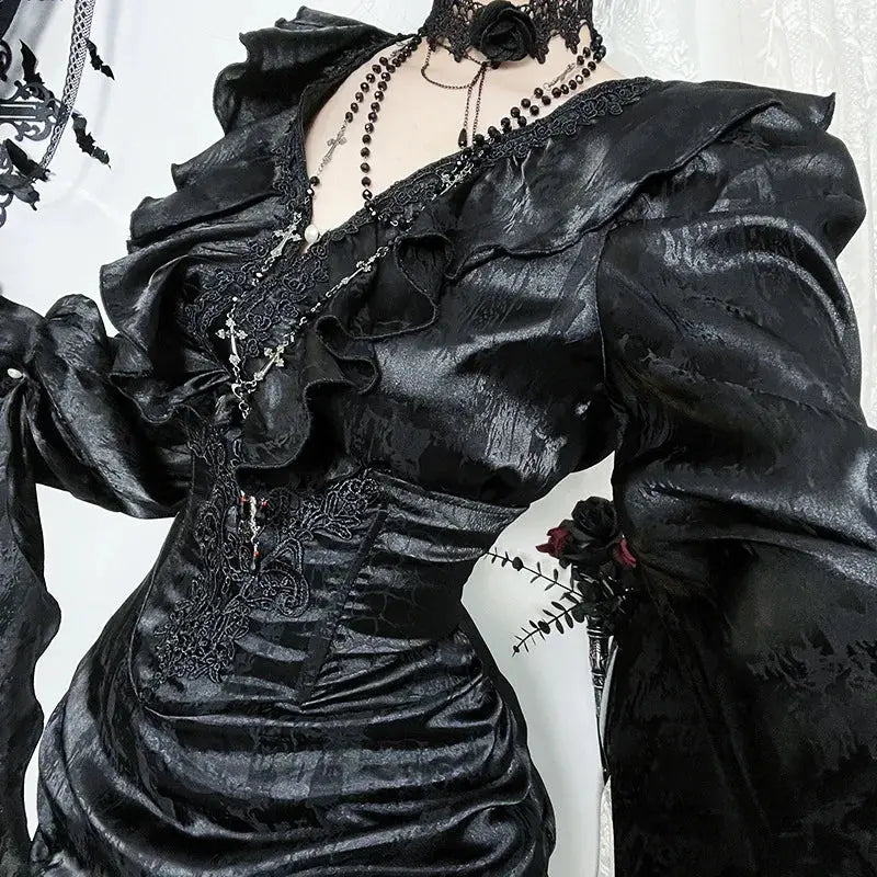 AltGoth Vintage Gothic Black Shirts Women Palace Style Streetwear Y2k E-girl Harajuku V-neck Ruffle Long Sleeve Bluose Cosplay Coven Couture Collective