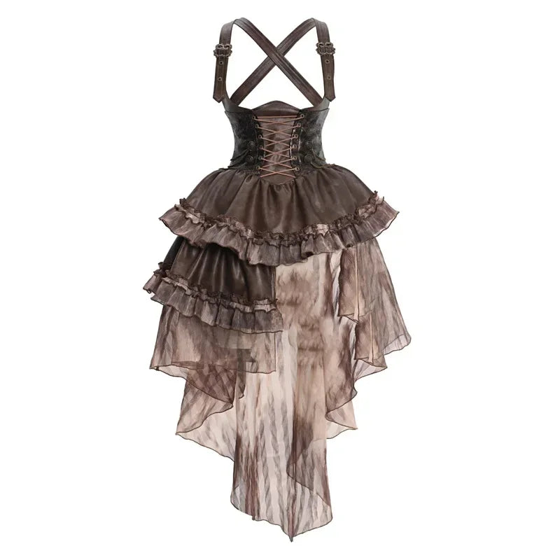 Blood Supply Original Dark Steampunk Asymmetric PU Autumn Maillard Chest Strap Trail Dress Brown Light Lolita Suspender Dress Coven Couture Collective