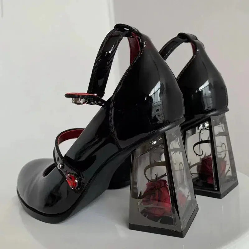 Punk Gothic High Heels Pumps Women 2024 New Rose Heeled Patent Leather Shoes Woman Ankle Straps Black Mary Jane Shoes Coven Couture Collective