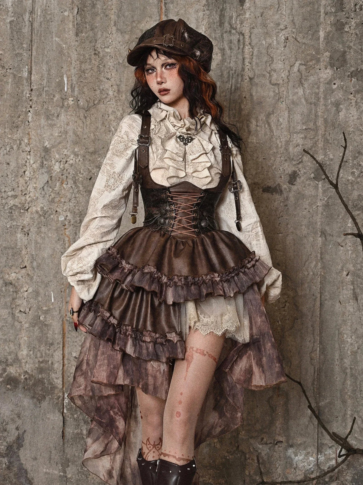 Blood Supply Original Dark Steampunk Asymmetric PU Autumn Maillard Chest Strap Trail Dress Brown Light Lolita Suspender Dress Coven Couture Collective