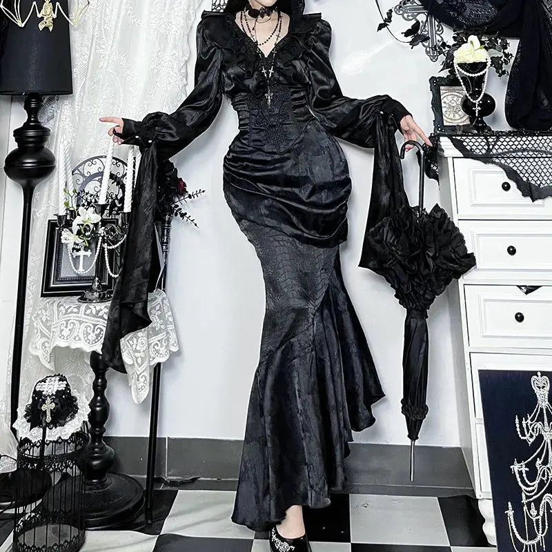 AltGoth Vintage Gothic Black Shirts Women Palace Style Streetwear Y2k E-girl Harajuku V-neck Ruffle Long Sleeve Bluose Cosplay Coven Couture Collective