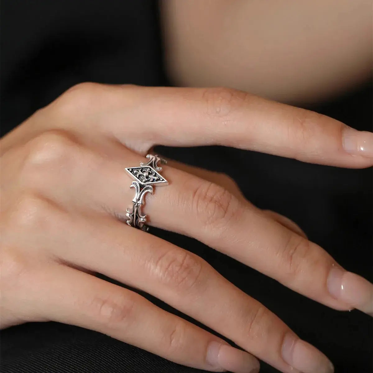 Retro Iris Cross Rhombus Adjustable Open Ring For Men Silver-plated Copper Gothic Punk Edgy Jewelry Unisex Accessories Cool Gift Coven Couture Collective