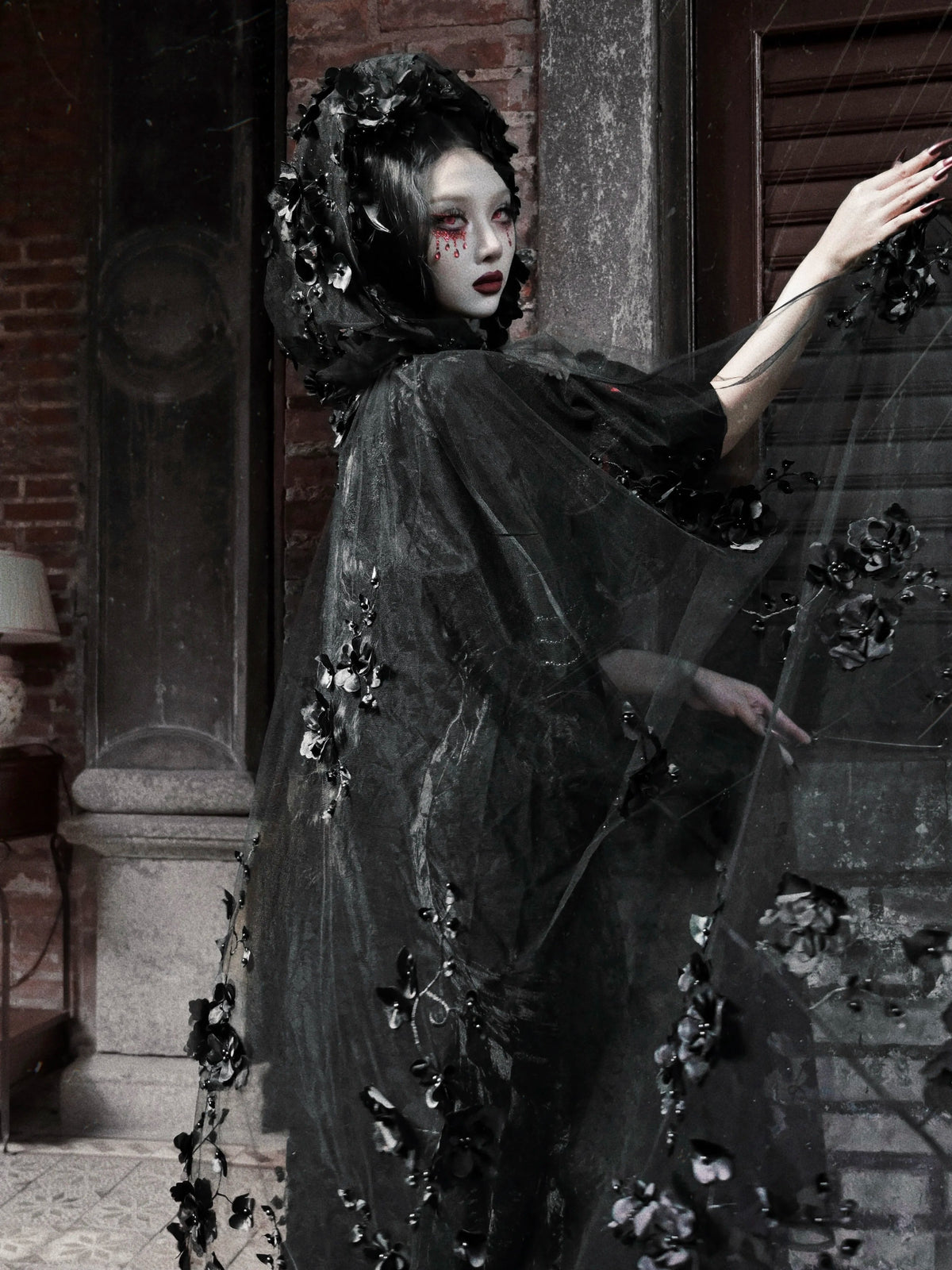 Blood Supply Original Design Gothic Florals Beading Embroidery Hooded Long Ponchos Transparent Meash Halloween Cape Winter Coven Couture Collective