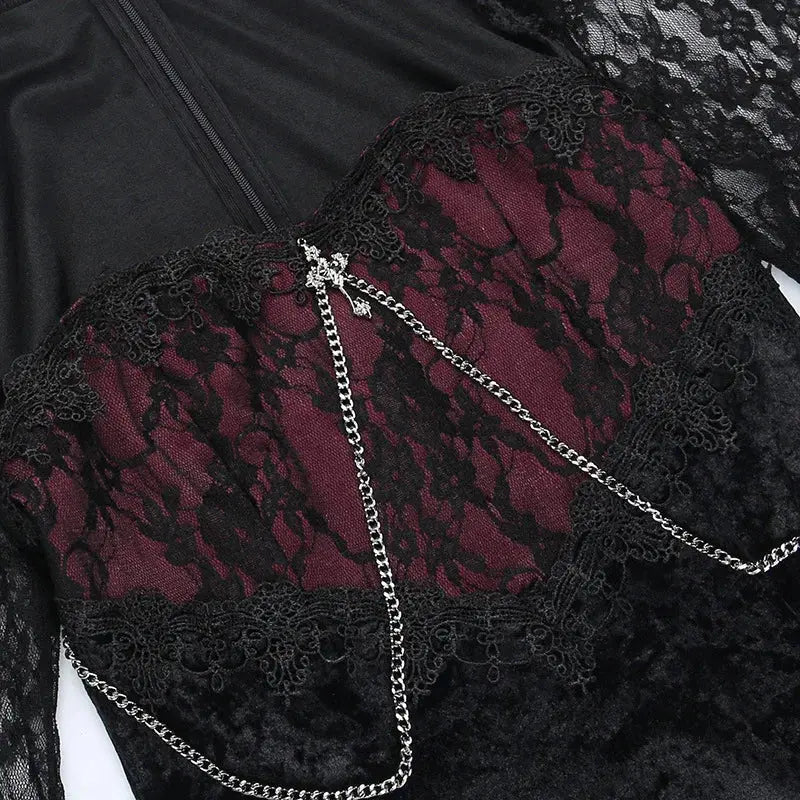 Goth Dark Elegant Mall Gothic Women Evening Dresses Grunge Aesthetic E-girl Velvet Midi Dress Lace Splice Sexy Split Alt Outfits Coven Couture Collective