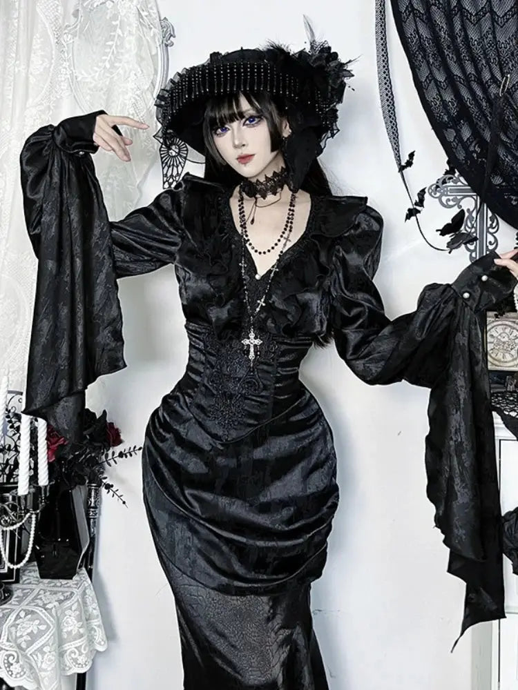 AltGoth Vintage Gothic Black Shirts Women Palace Style Streetwear Y2k E-girl Harajuku V-neck Ruffle Long Sleeve Bluose Cosplay Coven Couture Collective