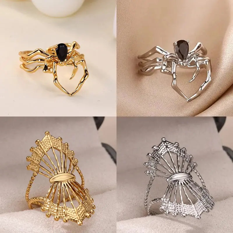 Punk Spider Rings for Women Silver Color Dark Retro Black Gem Spider Ring Hip-Hop Halloween Jewelry Accessories Coven Couture Collective