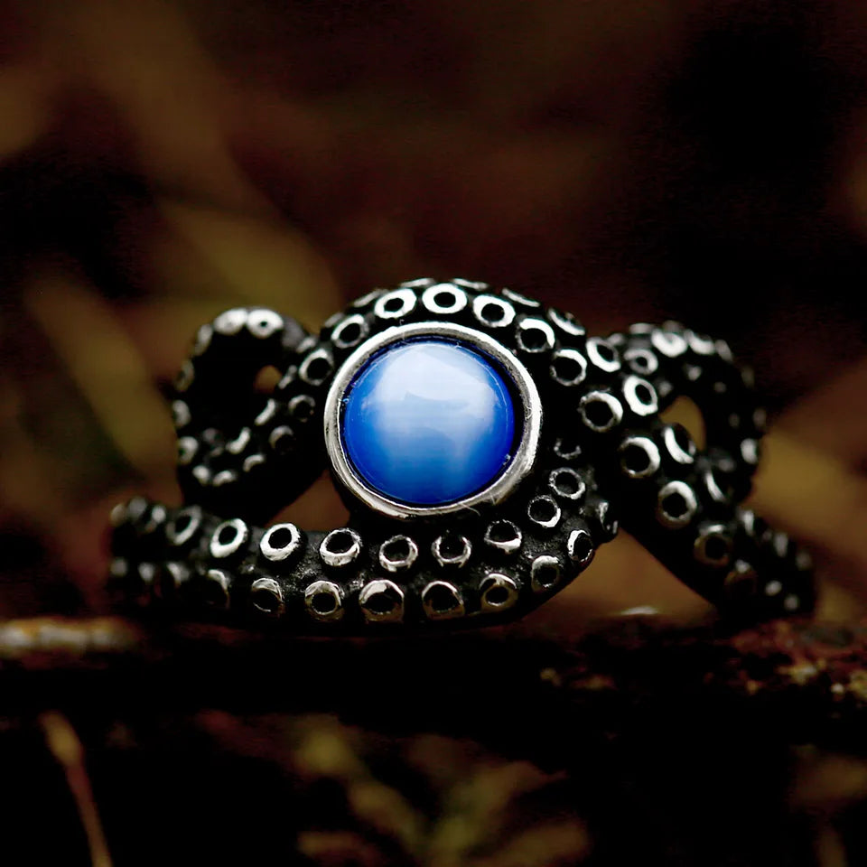 Antique Style Stainless Steel Men's Ring with Skull Octopus Design Gemstone Inlay Retro Punk Gothic Biker Fashion Jewelry Coven Couture Collective