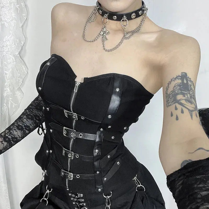 Goth Dark Punk Grunge Leather Buckle Strapless Corset Tops Mall Gothic Zip Women Tupe Top Y2K Coquette Streetwear Alt Tanks Vest Coven Couture Collective