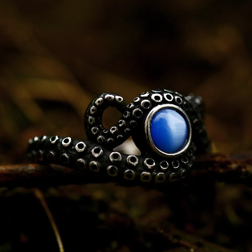 Antique Style Stainless Steel Men's Ring with Skull Octopus Design Gemstone Inlay Retro Punk Gothic Biker Fashion Jewelry Coven Couture Collective