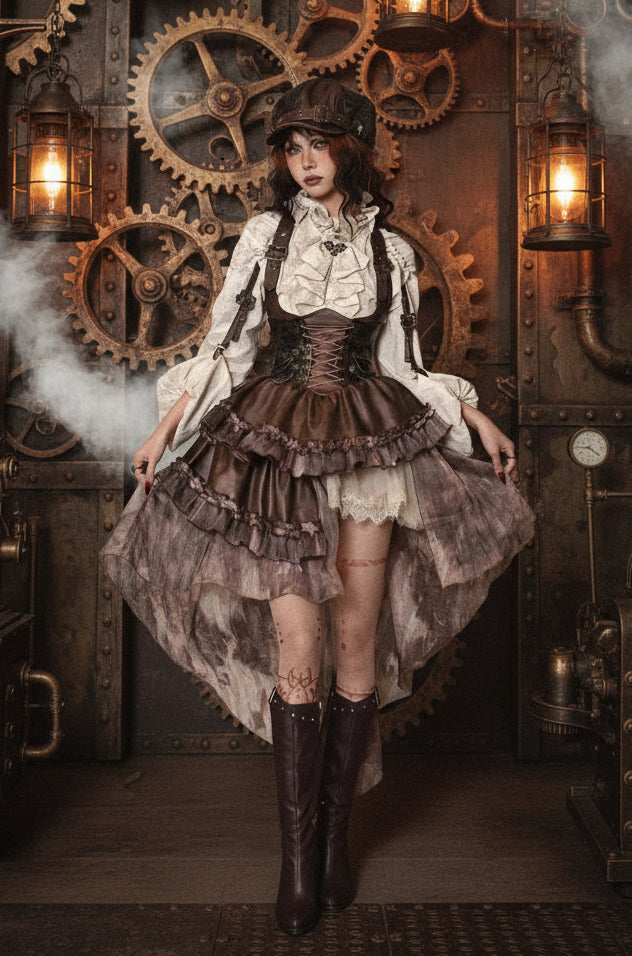 Blood Supply Original Dark Steampunk Asymmetric PU Autumn Maillard Chest Strap Trail Dress Brown Light Lolita Suspender Dress Coven Couture Collective