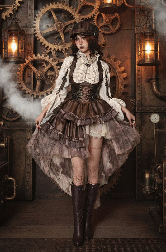 Blood Supply Original Dark Steampunk Asymmetric PU Autumn Maillard Chest Strap Trail Dress Brown Light Lolita Suspender Dress Coven Couture Collective
