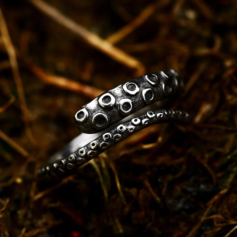 Antique Style Stainless Steel Men's Ring with Skull Octopus Design Gemstone Inlay Retro Punk Gothic Biker Fashion Jewelry Coven Couture Collective