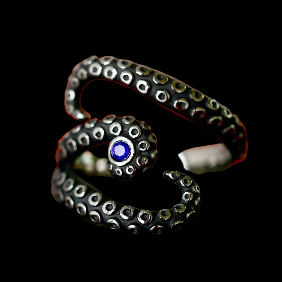 Antique Style Stainless Steel Men's Ring with Skull Octopus Design Gemstone Inlay Retro Punk Gothic Biker Fashion Jewelry Coven Couture Collective
