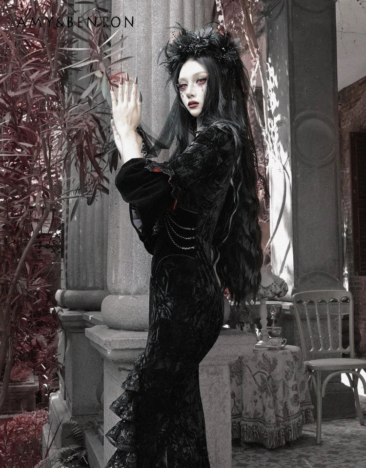 Blood Supply Original Retro Palace Style Goth Velvet Tube Top Dress Mermaid Dress Halloween Winter Subculture Sexy Hot Girl Sets Coven Couture Collective