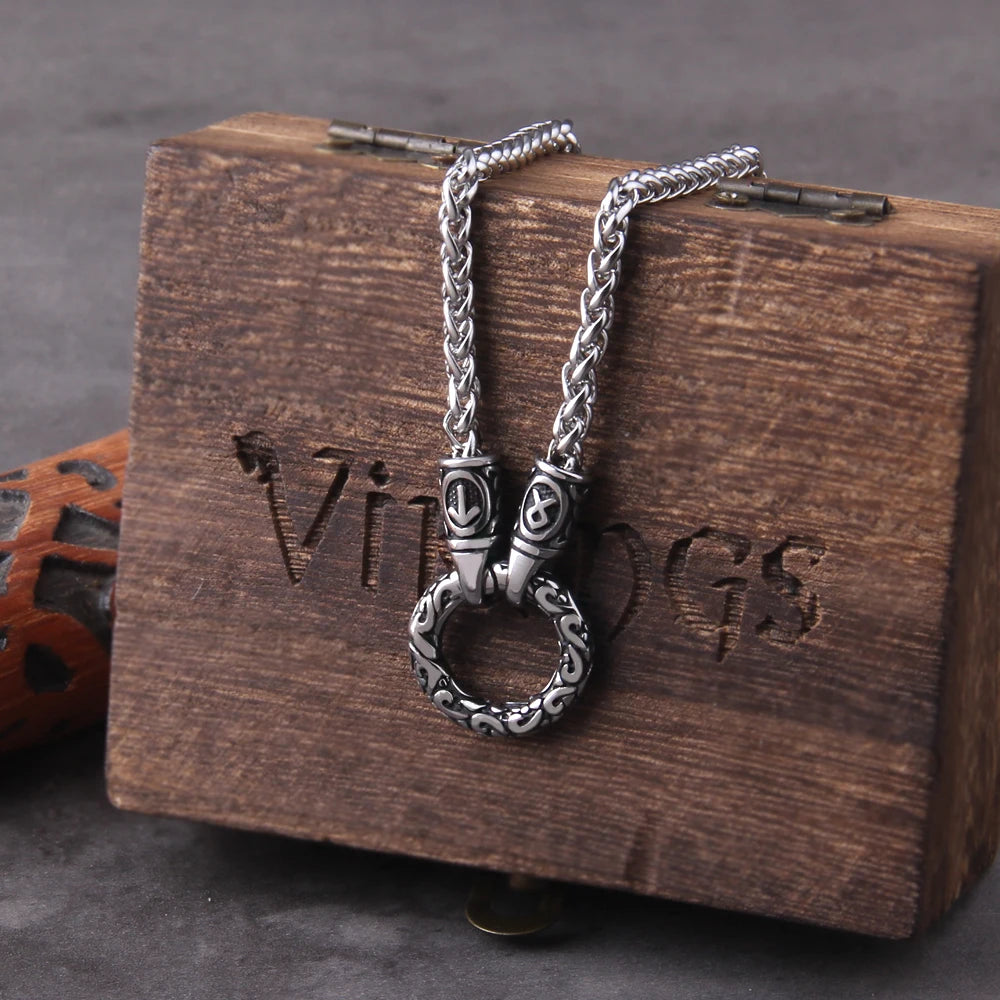 Nordic Viking Rune Pendant Necklace with Open round Clasp Stainless Steel Chain for Men Wood Box Included Coven Couture Collective
