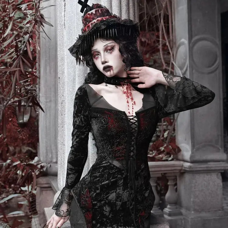 Blood Supply Original Design Vampire Black Red Dress Lace Patch Gothic Velvet Trumpet Long Sleeve X-Long Dress Halloween Coven Couture Collective