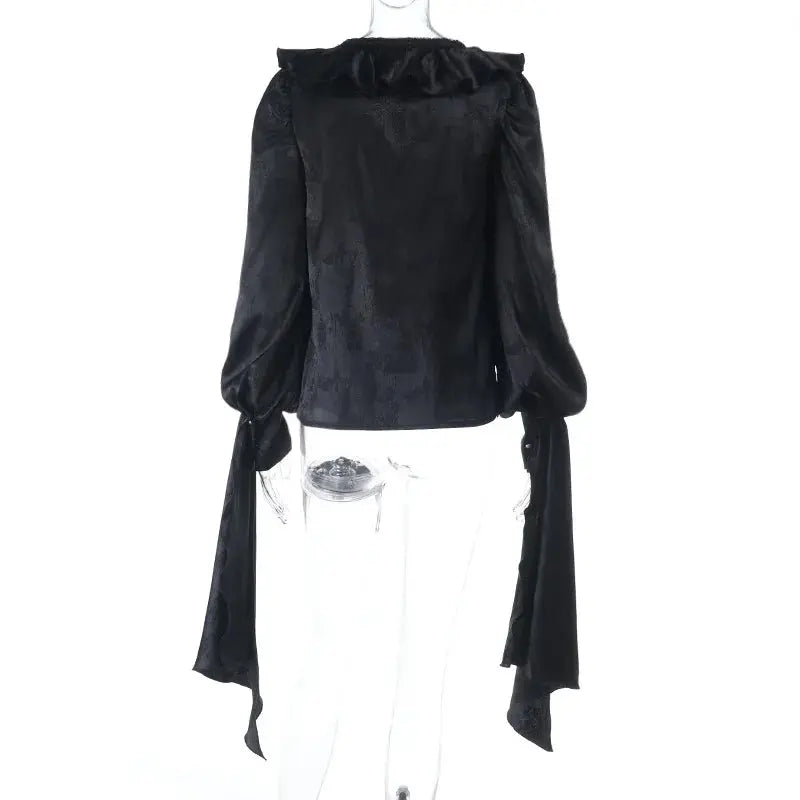AltGoth Vintage Gothic Black Shirts Women Palace Style Streetwear Y2k E-girl Harajuku V-neck Ruffle Long Sleeve Bluose Cosplay Coven Couture Collective