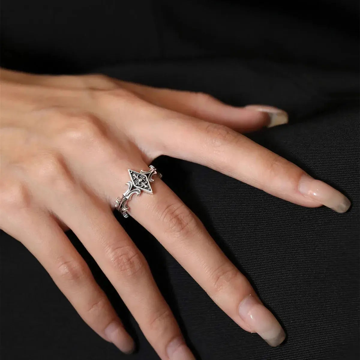 Retro Iris Cross Rhombus Adjustable Open Ring For Men Silver-plated Copper Gothic Punk Edgy Jewelry Unisex Accessories Cool Gift Coven Couture Collective