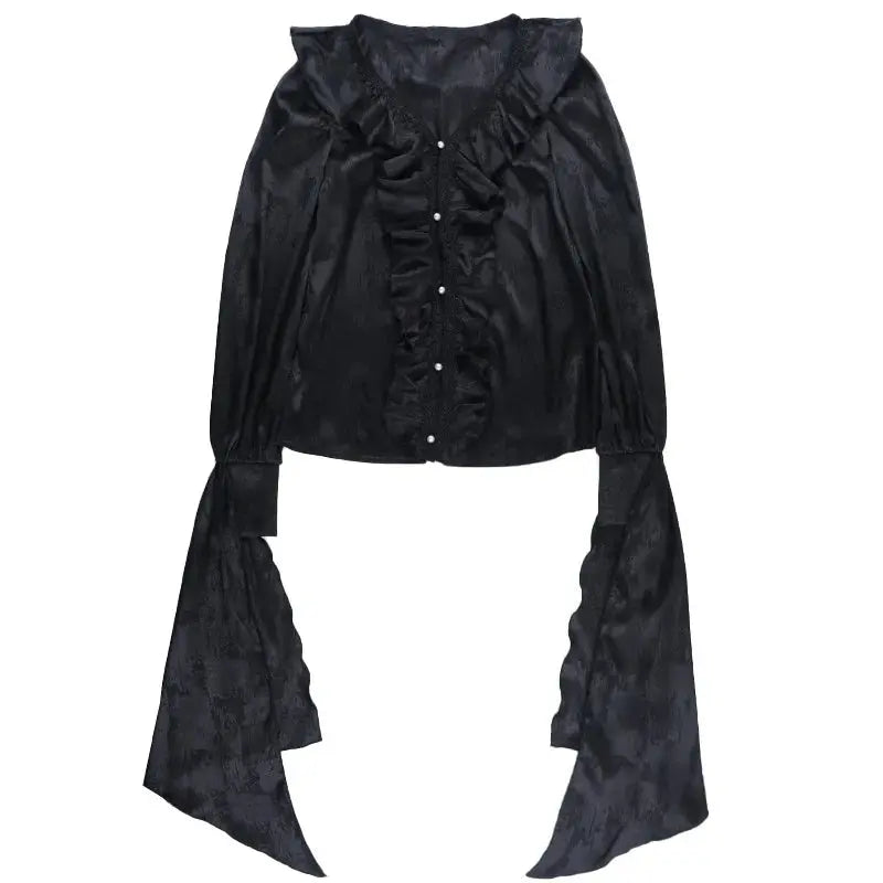 AltGoth Vintage Gothic Black Shirts Women Palace Style Streetwear Y2k E-girl Harajuku V-neck Ruffle Long Sleeve Bluose Cosplay Coven Couture Collective