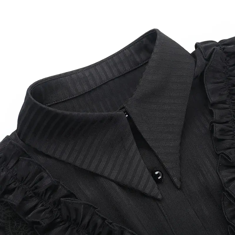Goth Dark Kawaii Black Short Sleeve Buttons Shirt Lace-up Blouses Mall Gothic Slim Lapel Collar Stripe Shirts Women Alt Techwear Coven Couture Collective
