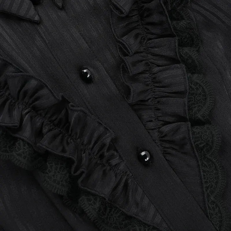 Goth Dark Kawaii Black Short Sleeve Buttons Shirt Lace-up Blouses Mall Gothic Slim Lapel Collar Stripe Shirts Women Alt Techwear Coven Couture Collective