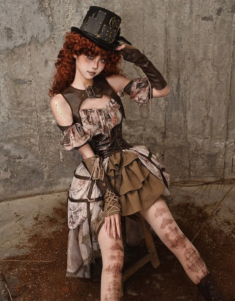 Blood Supply Summer Vintage Hollow Out All Match Brown Faux Leather Tank Birdcage Gothic Punk Lace-up Sleeveless Jacket Top Coven Couture Collective