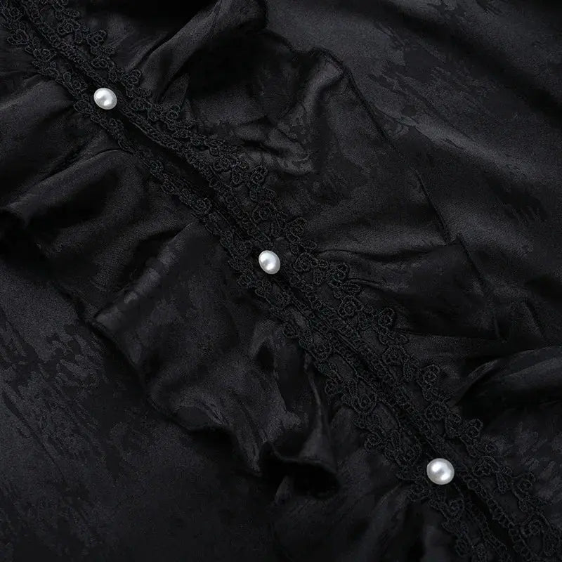 AltGoth Vintage Gothic Black Shirts Women Palace Style Streetwear Y2k E-girl Harajuku V-neck Ruffle Long Sleeve Bluose Cosplay Coven Couture Collective