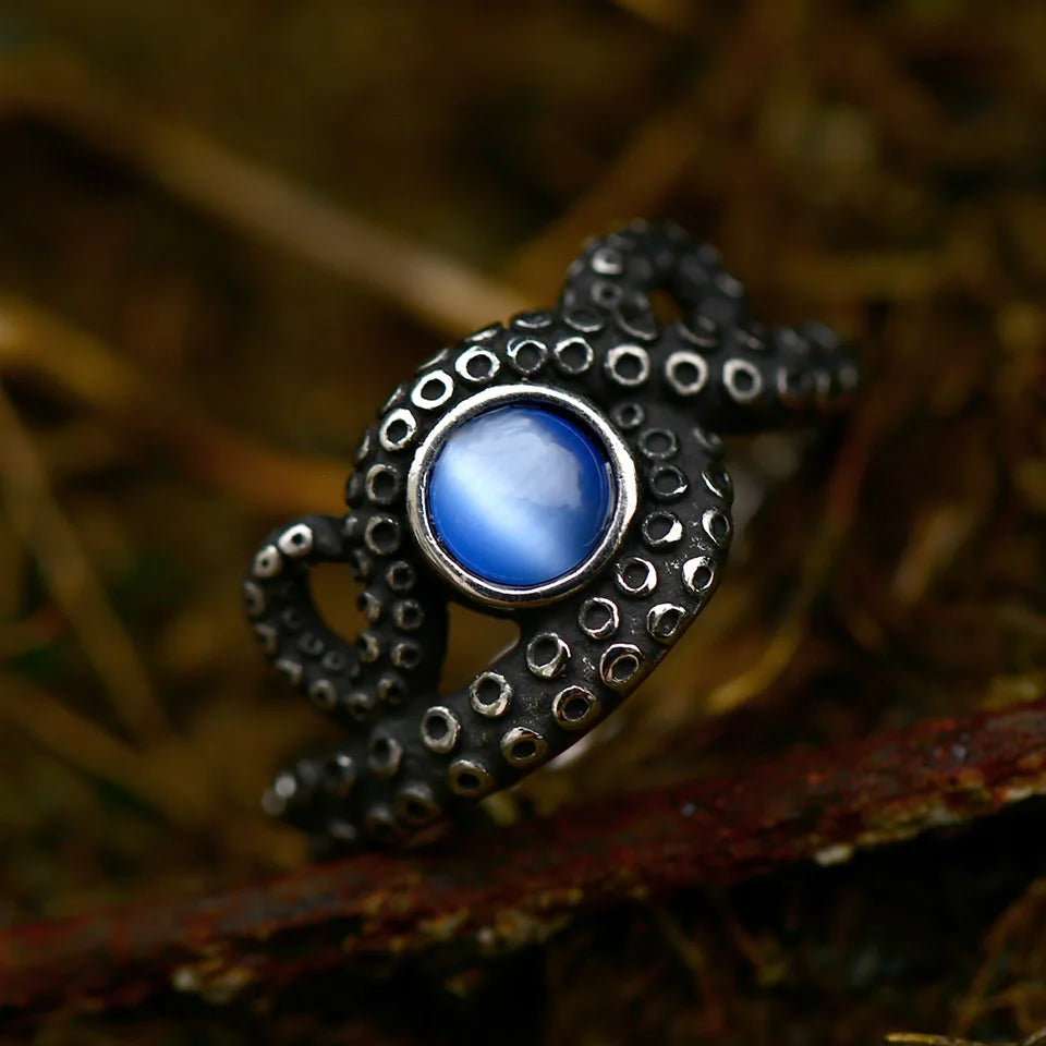 Antique Style Stainless Steel Men's Ring with Skull Octopus Design Gemstone Inlay Retro Punk Gothic Biker Fashion Jewelry Coven Couture Collective