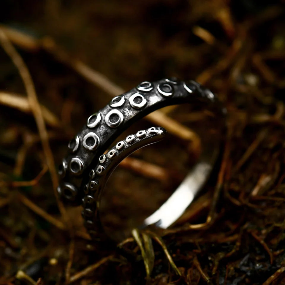 Antique Style Stainless Steel Men's Ring with Skull Octopus Design Gemstone Inlay Retro Punk Gothic Biker Fashion Jewelry Coven Couture Collective