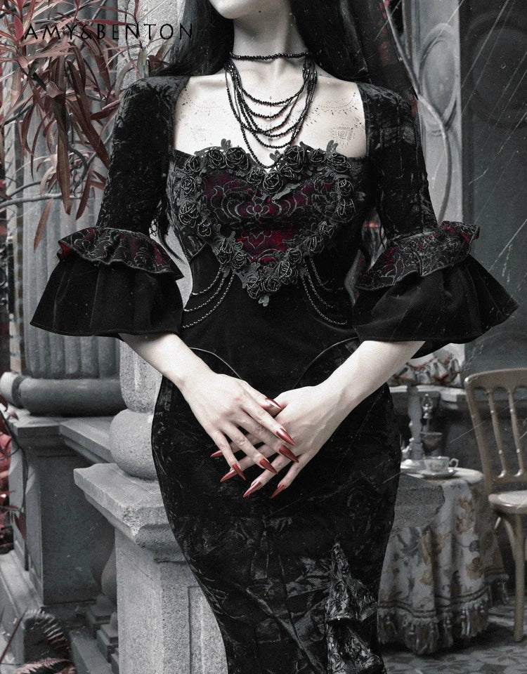 Blood Supply Original Retro Palace Style Goth Velvet Tube Top Dress Mermaid Dress Halloween Winter Subculture Sexy Hot Girl Sets Coven Couture Collective