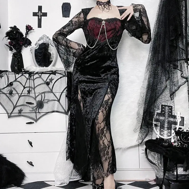 Goth Dark Elegant Mall Gothic Women Evening Dresses Grunge Aesthetic E-girl Velvet Midi Dress Lace Splice Sexy Split Alt Outfits Coven Couture Collective