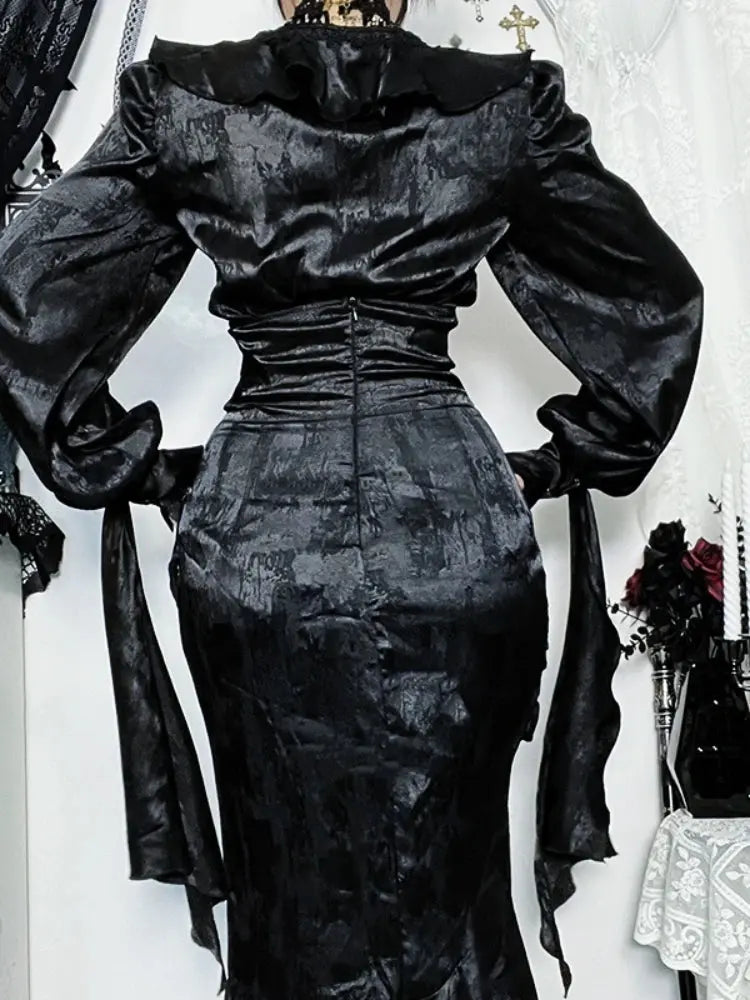 AltGoth Vintage Gothic Black Shirts Women Palace Style Streetwear Y2k E-girl Harajuku V-neck Ruffle Long Sleeve Bluose Cosplay Coven Couture Collective