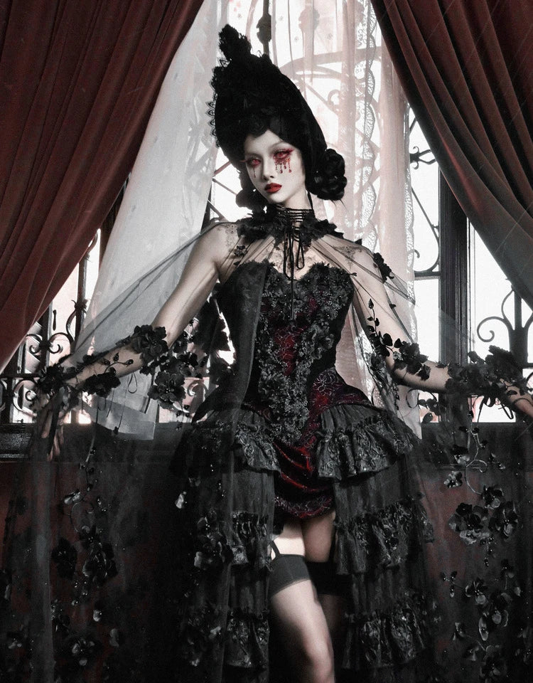 Blood Supply Original Design Gothic Florals Beading Embroidery Hooded Long Ponchos Transparent Meash Halloween Cape Winter Coven Couture Collective