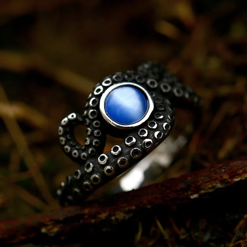 Antique Style Stainless Steel Men's Ring with Skull Octopus Design Gemstone Inlay Retro Punk Gothic Biker Fashion Jewelry Coven Couture Collective
