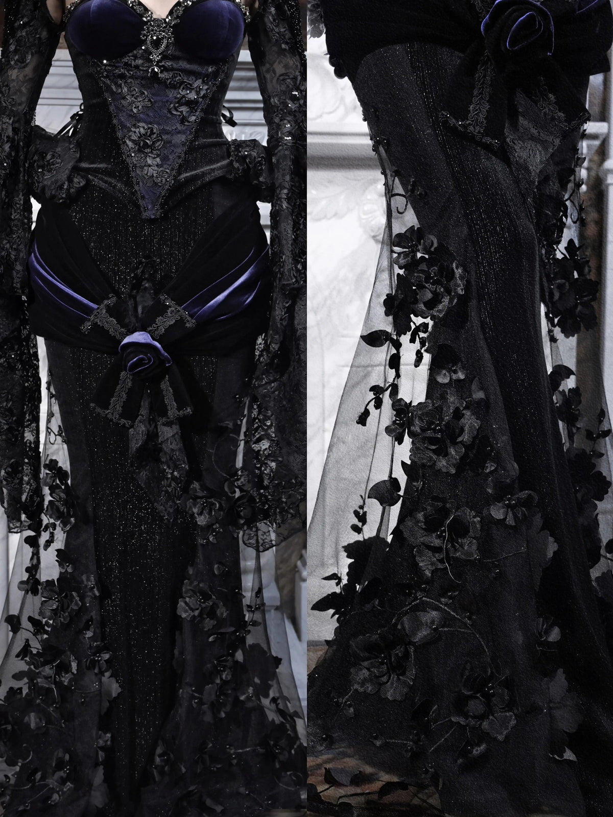 Blood Supply Original Design Gothic Luxury Embroid Mesh Patch Trumpet Skirt Rose X-long Halloween Velour Skirts Jupe Autumn Coven Couture Collective