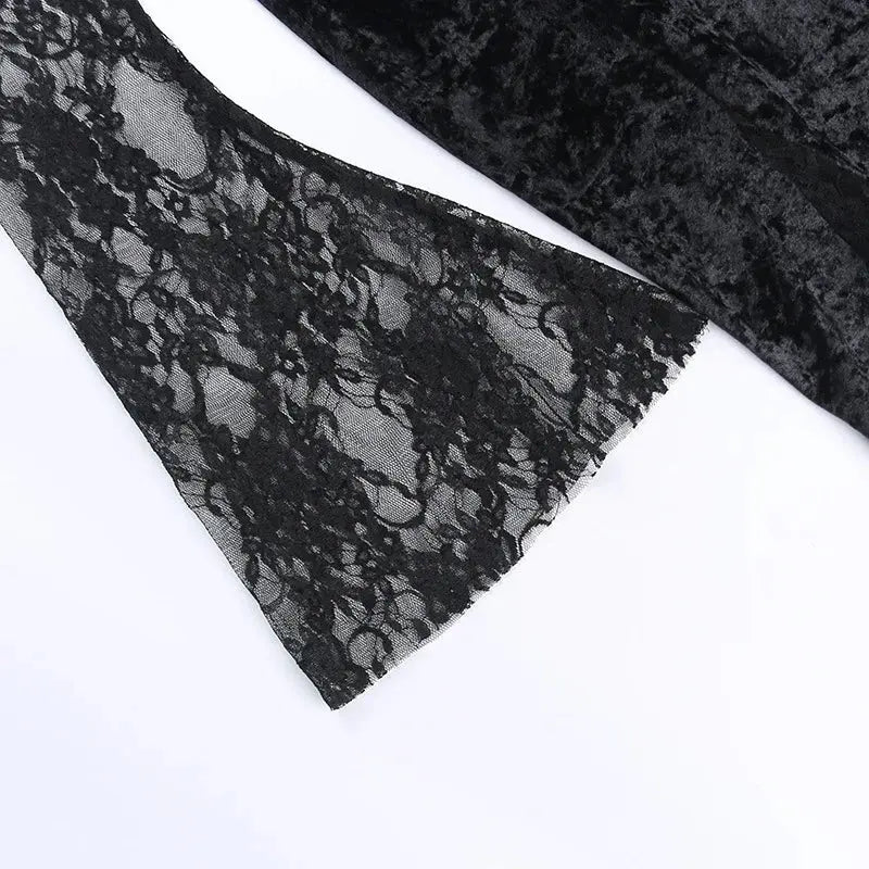 Goth Dark Elegant Mall Gothic Women Evening Dresses Grunge Aesthetic E-girl Velvet Midi Dress Lace Splice Sexy Split Alt Outfits Coven Couture Collective