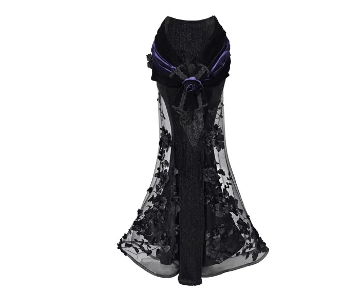 Blood Supply Original Design Gothic Luxury Embroid Mesh Patch Trumpet Skirt Rose X-long Halloween Velour Skirts Jupe Autumn Coven Couture Collective